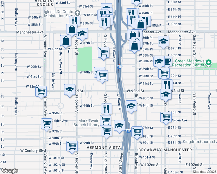 map of restaurants, bars, coffee shops, grocery stores, and more near 9108 South Figueroa Street in Los Angeles