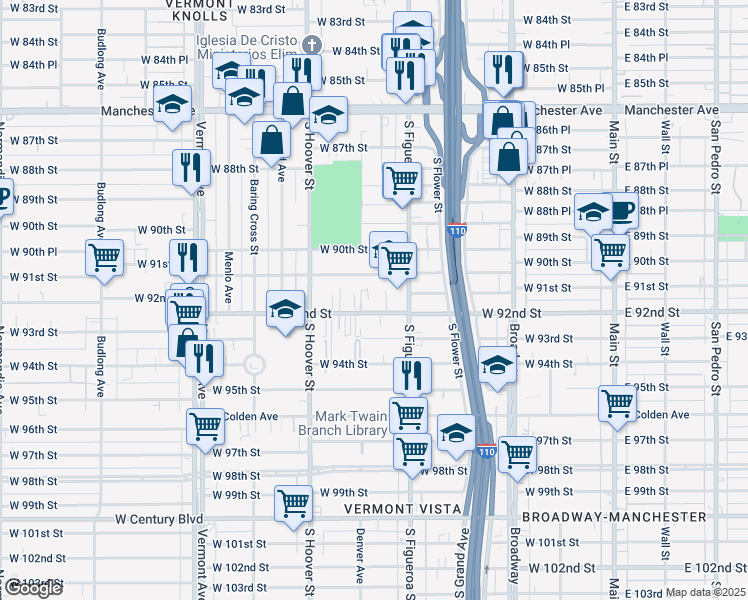 map of restaurants, bars, coffee shops, grocery stores, and more near 538 West 91st Street in Los Angeles