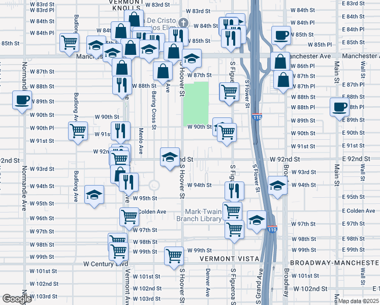 map of restaurants, bars, coffee shops, grocery stores, and more near 700 West 91st Street in Los Angeles