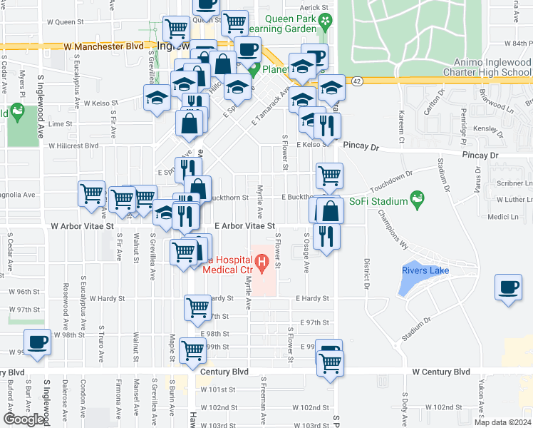 map of restaurants, bars, coffee shops, grocery stores, and more near 400 East Buckthorn Street in Inglewood