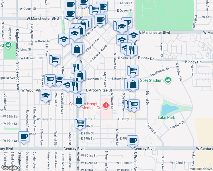 map of restaurants, bars, coffee shops, grocery stores, and more near 400 East Buckthorn Street in Inglewood