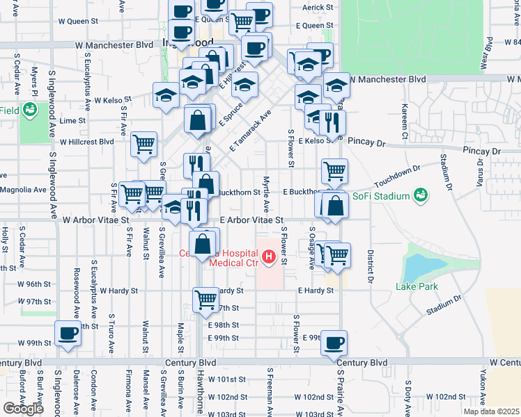 map of restaurants, bars, coffee shops, grocery stores, and more near 400 East Buckthorn Street in Inglewood