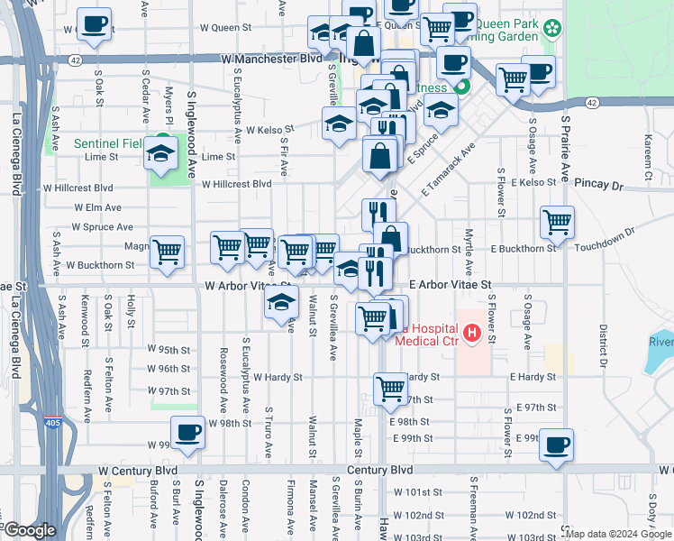map of restaurants, bars, coffee shops, grocery stores, and more near 104 East Buckthorn Street in Inglewood