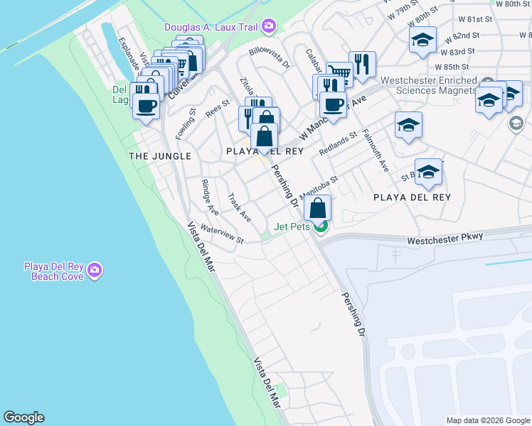 map of restaurants, bars, coffee shops, grocery stores, and more near 401 Redlands Street in Los Angeles