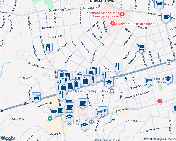 map of restaurants, bars, coffee shops, grocery stores, and more near 150 Sunset Dr in Athens