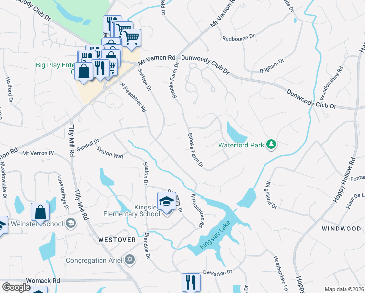 map of restaurants, bars, coffee shops, grocery stores, and more near 2257 Old Brooke Lane in Dunwoody