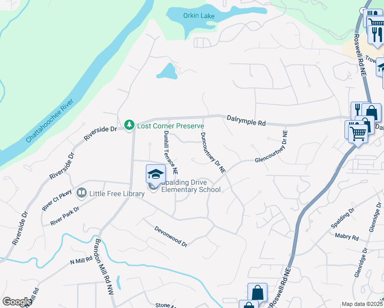 map of restaurants, bars, coffee shops, grocery stores, and more near 220 Hillswick Court Northeast in Atlanta