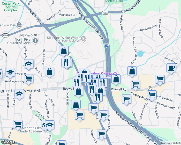 map of restaurants, bars, coffee shops, grocery stores, and more near 103 Lassiter Drive in Marietta