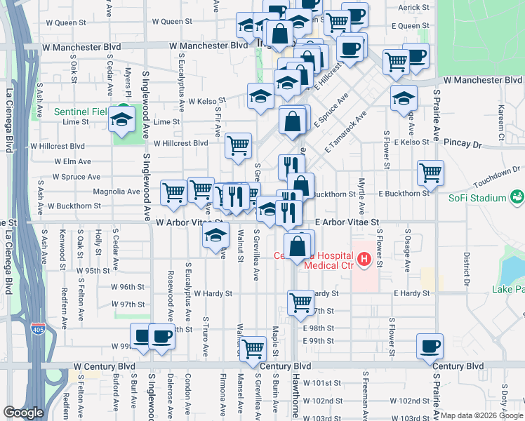 map of restaurants, bars, coffee shops, grocery stores, and more near 820 South Grevillea Avenue in Inglewood