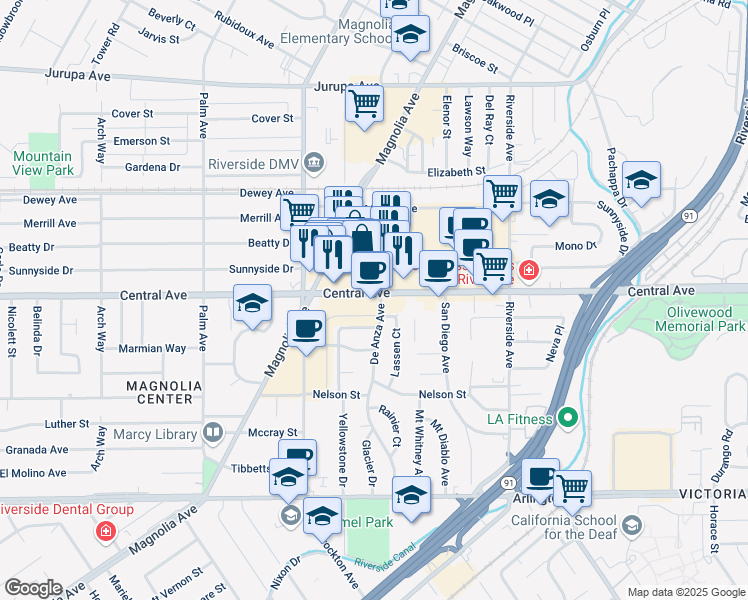 map of restaurants, bars, coffee shops, grocery stores, and more near 3711 Central Avenue in Riverside