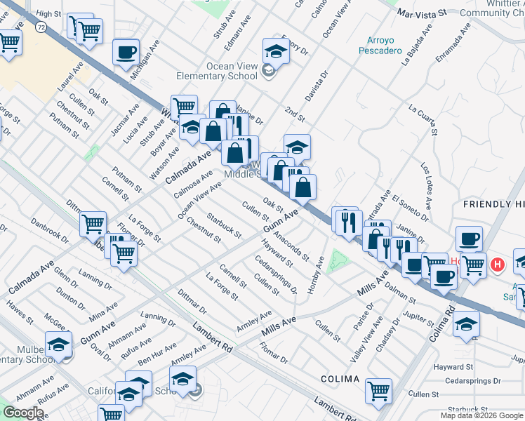 map of restaurants, bars, coffee shops, grocery stores, and more near 14369 Cullen Street in Whittier