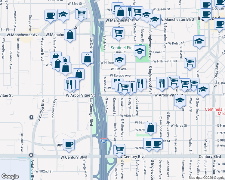 map of restaurants, bars, coffee shops, grocery stores, and more near 608 Magnolia Avenue in Inglewood