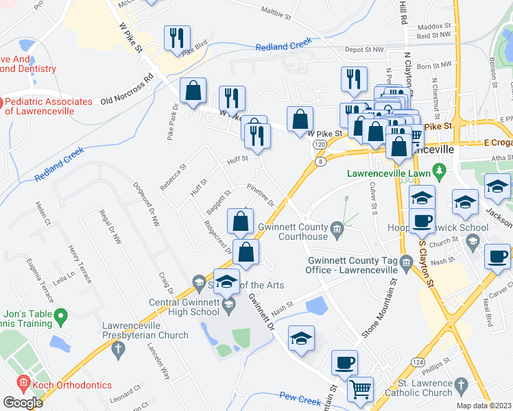 map of restaurants, bars, coffee shops, grocery stores, and more near 460 Stark Street in Lawrenceville