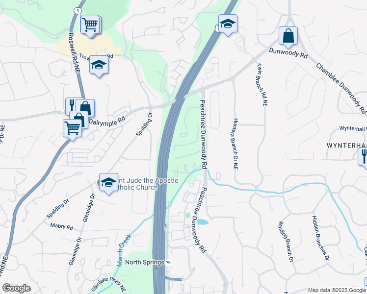map of restaurants, bars, coffee shops, grocery stores, and more near 7249 Village Creek Trace in Atlanta