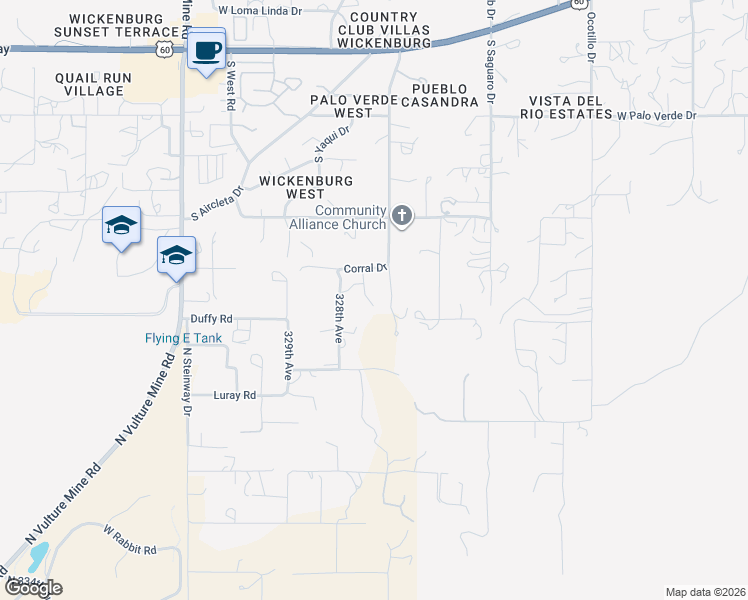 map of restaurants, bars, coffee shops, grocery stores, and more near 1605 Corral Drive in Wickenburg