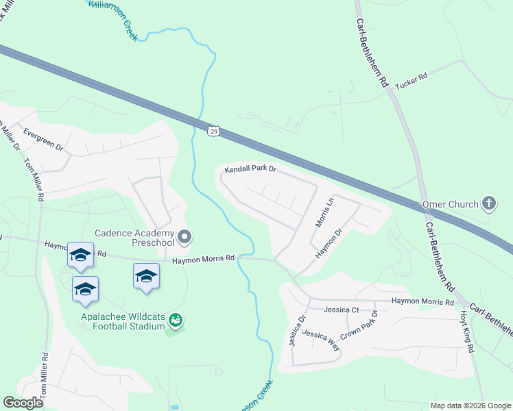 map of restaurants, bars, coffee shops, grocery stores, and more near 916 Kendall Park Drive in Winder