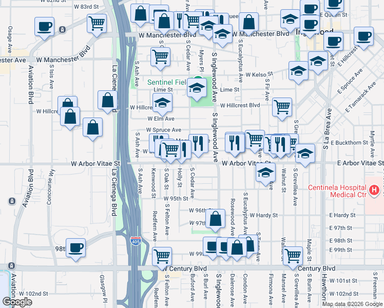 map of restaurants, bars, coffee shops, grocery stores, and more near 444 West Buckthorn Street in Inglewood