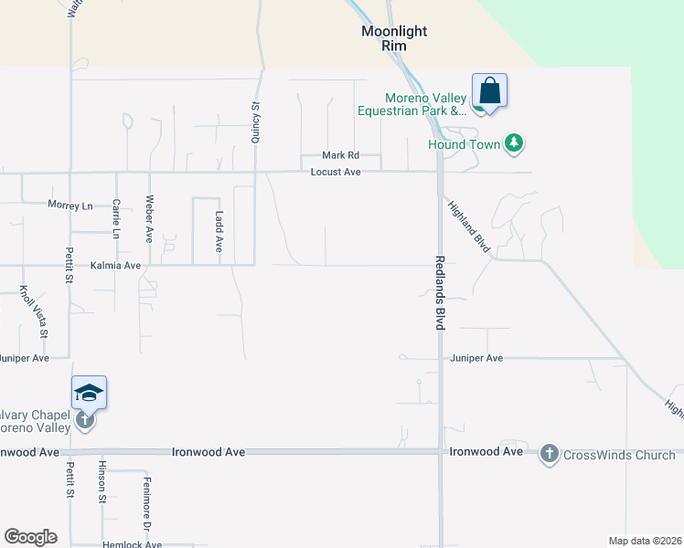 map of restaurants, bars, coffee shops, grocery stores, and more near 28731 Kalmia Avenue in Moreno Valley