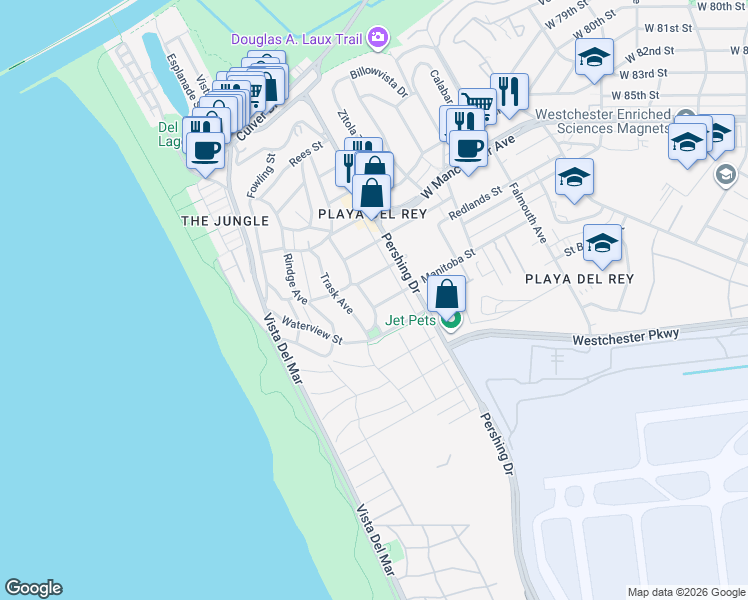 map of restaurants, bars, coffee shops, grocery stores, and more near 401 Redlands Street in Los Angeles