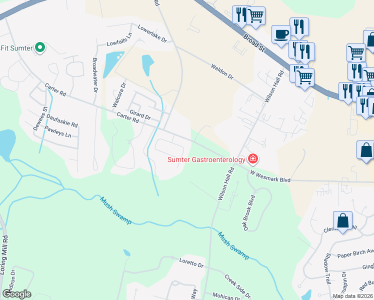 map of restaurants, bars, coffee shops, grocery stores, and more near 1059 Cutleaf Drive in Sumter