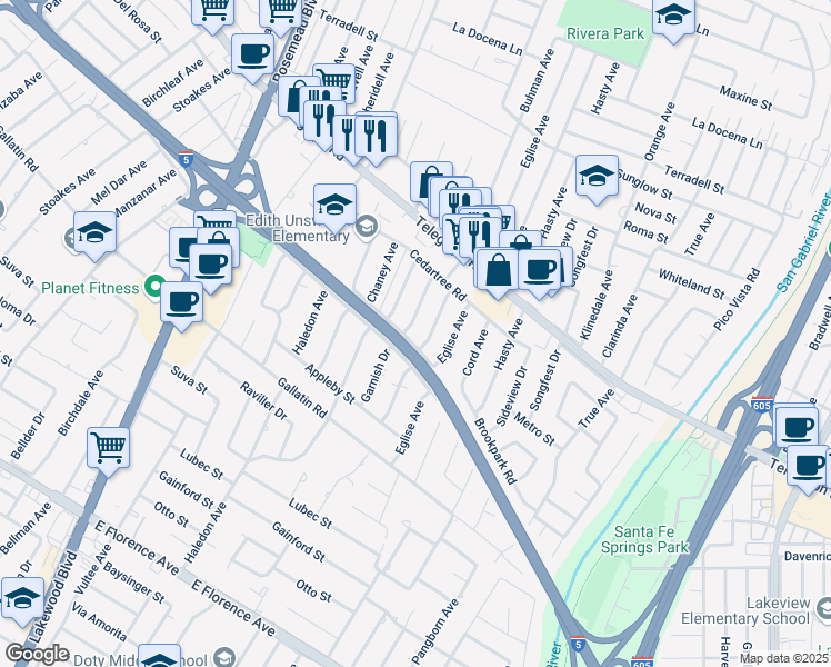 map of restaurants, bars, coffee shops, grocery stores, and more near 9044 Passons Boulevard in Downey