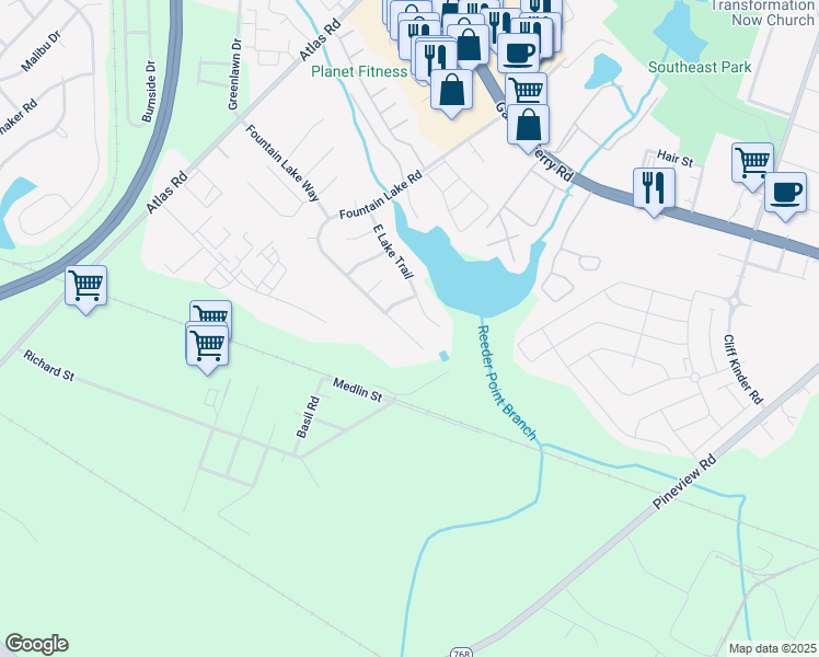 map of restaurants, bars, coffee shops, grocery stores, and more near 724 Fountain Lake Road in Columbia