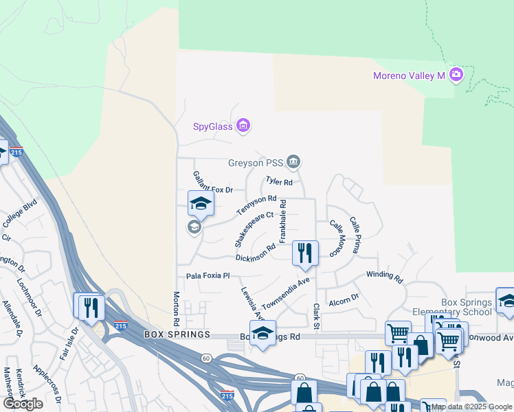 map of restaurants, bars, coffee shops, grocery stores, and more near 21340 Tennyson Road in Moreno Valley