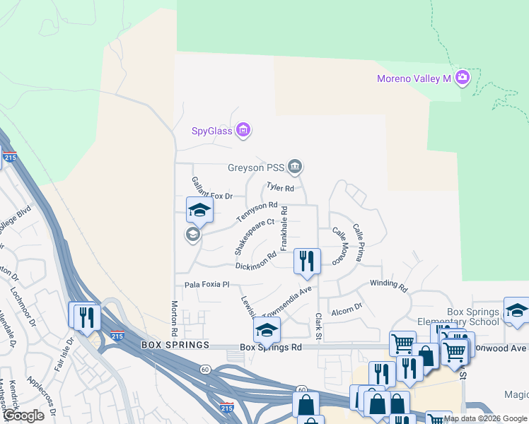 map of restaurants, bars, coffee shops, grocery stores, and more near 21329 Tennyson Road in Moreno Valley