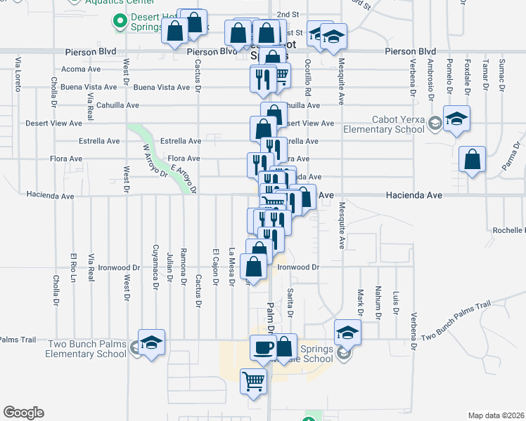 map of restaurants, bars, coffee shops, grocery stores, and more near 13105 Palm Drive in Desert Hot Springs