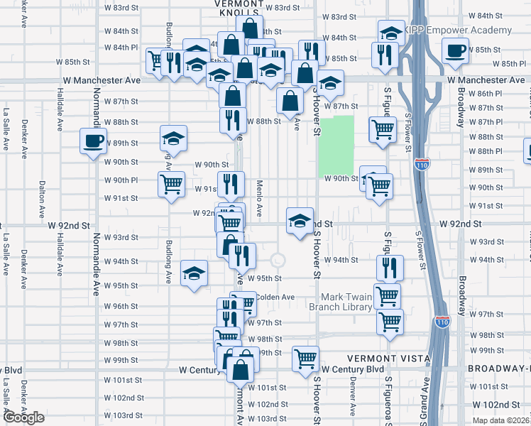 map of restaurants, bars, coffee shops, grocery stores, and more near 9128 Menlo Avenue in Los Angeles