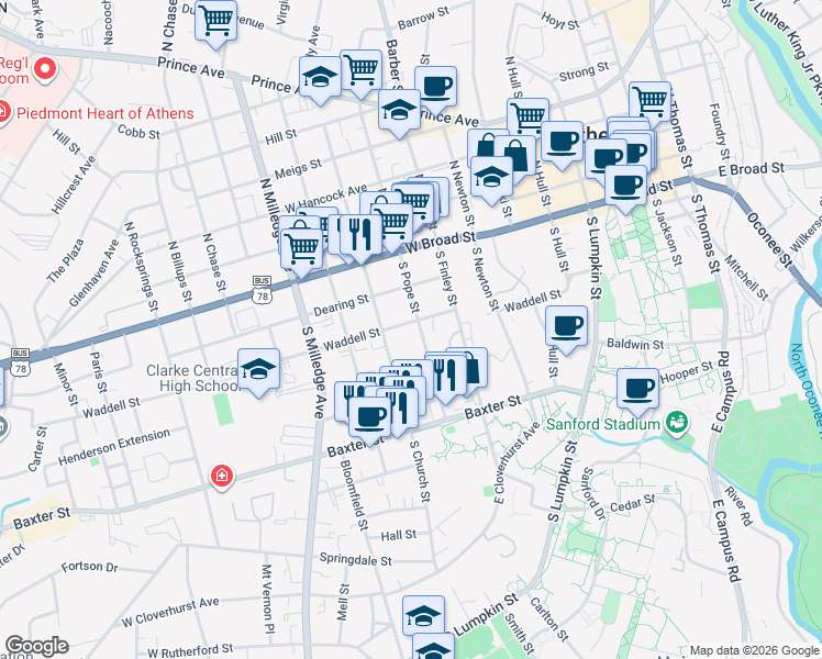 map of restaurants, bars, coffee shops, grocery stores, and more near 285 South Pope Street in Athens