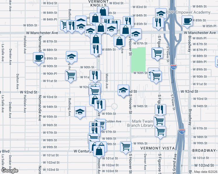 map of restaurants, bars, coffee shops, grocery stores, and more near 9128 Menlo Avenue in Los Angeles