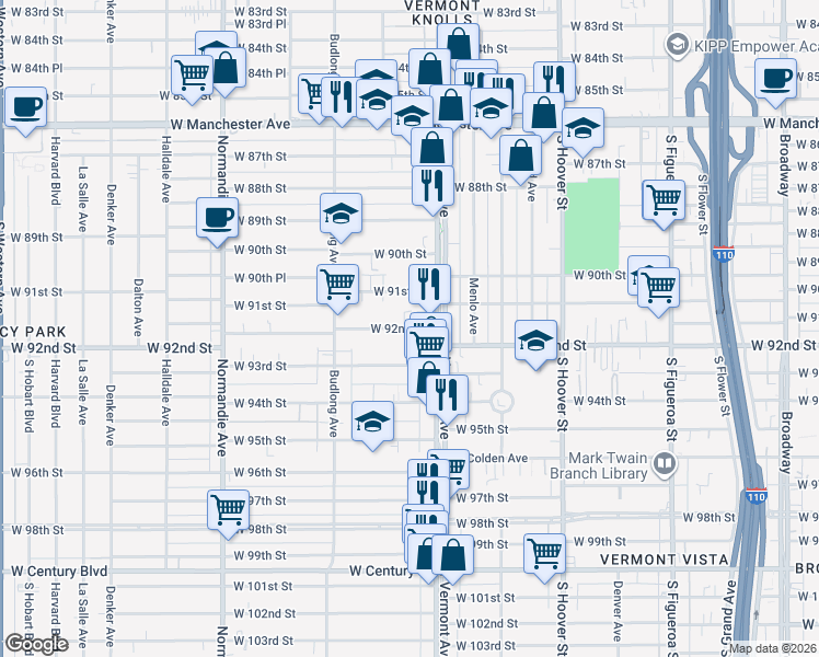 map of restaurants, bars, coffee shops, grocery stores, and more near 1026 West 91st Street in Los Angeles