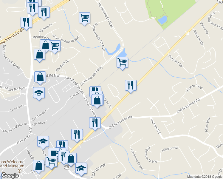 map of restaurants, bars, coffee shops, grocery stores, and more near 2957 Smith Ridge Trace in Peachtree Corners