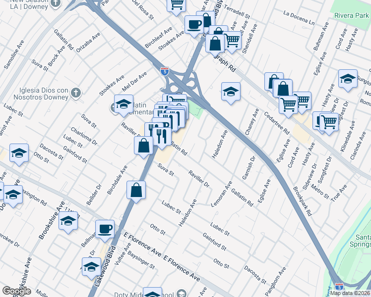 map of restaurants, bars, coffee shops, grocery stores, and more near 9226 Arrington Avenue in Downey