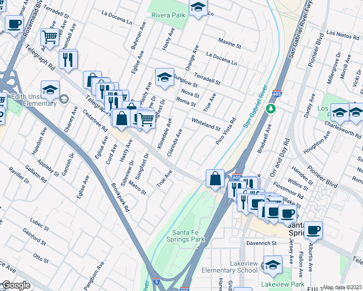 map of restaurants, bars, coffee shops, grocery stores, and more near 8829 Clarinda Avenue in Pico Rivera
