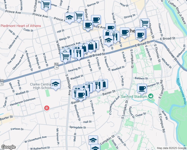 map of restaurants, bars, coffee shops, grocery stores, and more near 315 South Pope Street in Athens