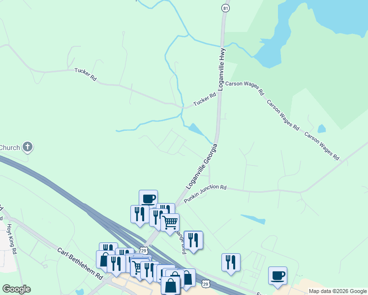 map of restaurants, bars, coffee shops, grocery stores, and more near 761 Loganville Highway in Winder
