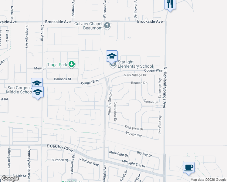 map of restaurants, bars, coffee shops, grocery stores, and more near 1578 Winding Sun Drive in Beaumont