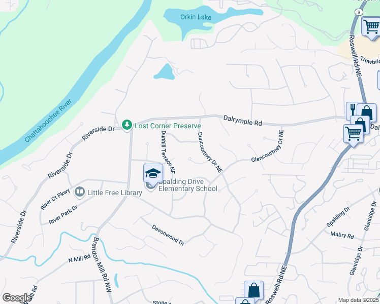 map of restaurants, bars, coffee shops, grocery stores, and more near 220 Hillswick Court Northeast in Atlanta