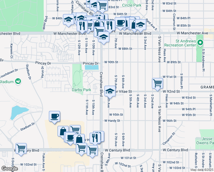 map of restaurants, bars, coffee shops, grocery stores, and more near 9217 South 8th Avenue in Inglewood