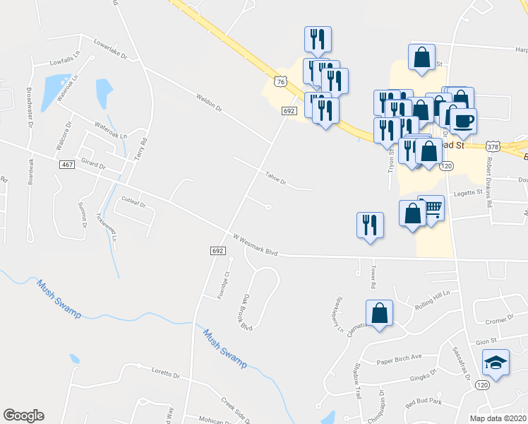 map of restaurants, bars, coffee shops, grocery stores, and more near 2570 Lin-Do Court in Sumter