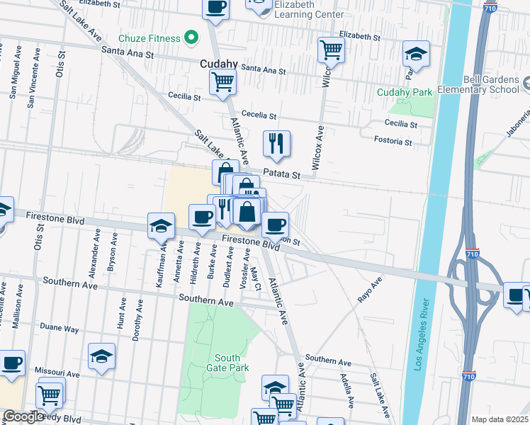 map of restaurants, bars, coffee shops, grocery stores, and more near 8644 Atlantic Avenue in South Gate