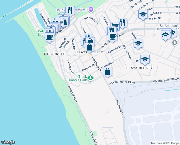map of restaurants, bars, coffee shops, grocery stores, and more near 7520 Earldom Avenue in Los Angeles