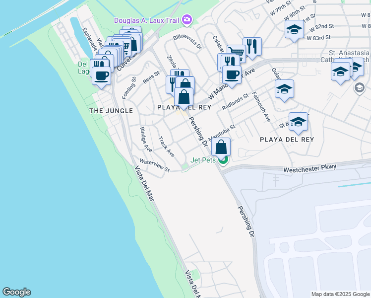 map of restaurants, bars, coffee shops, grocery stores, and more near 7520 Earldom Avenue in Los Angeles