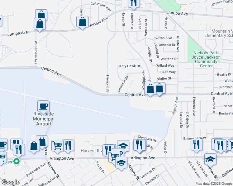 map of restaurants, bars, coffee shops, grocery stores, and more near 6090 Wren Court in Riverside