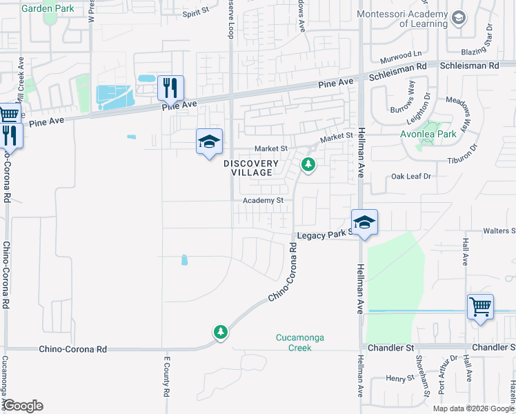 map of restaurants, bars, coffee shops, grocery stores, and more near 8574 Exposition Street in Chino