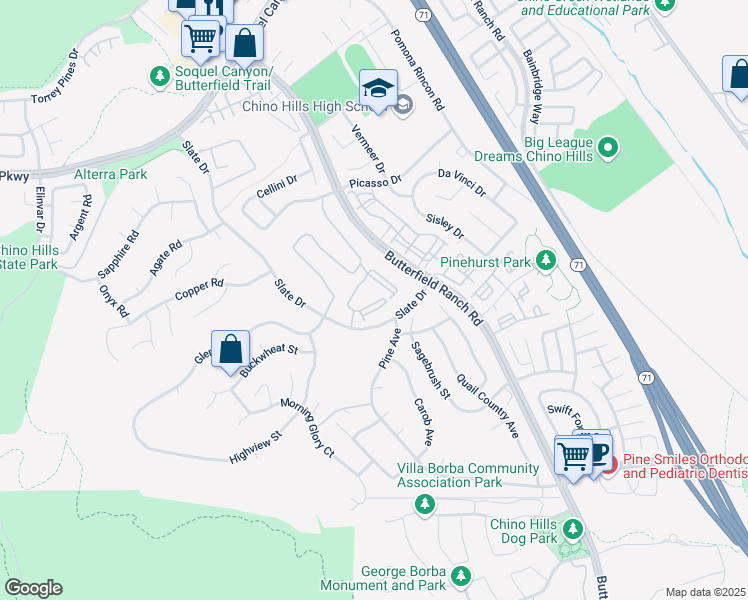 map of restaurants, bars, coffee shops, grocery stores, and more near 16675 Slate Drive in Chino Hills