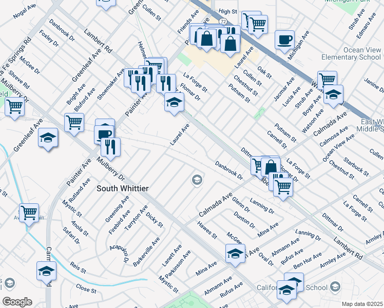 map of restaurants, bars, coffee shops, grocery stores, and more near 13625 Foxley Drive in Whittier