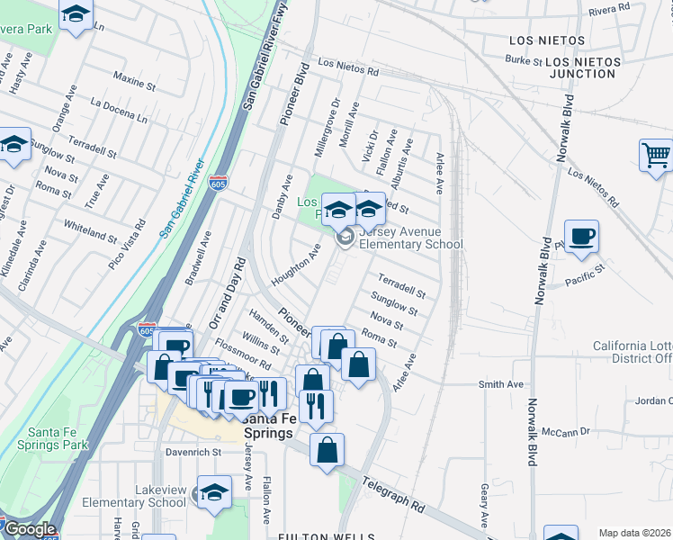 map of restaurants, bars, coffee shops, grocery stores, and more near 11222 Charlesworth Road in Santa Fe Springs